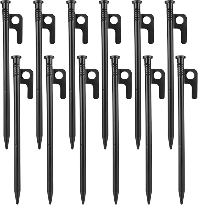 12 Pack Tent Stakes Heavy Duty, Multiuse Forged Steel Tent Pegs, 8 inch Metal Camping Ground Stakes, Unbreakable and Inflexible, Available in Rocky Place Dessert Snowfield and Grassland (Black)