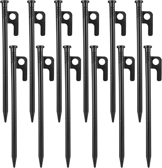 12 Pack Tent Stakes Heavy Duty, Multiuse Forged Steel Tent Pegs, 8 inch Metal Camping Ground Stakes, Unbreakable and Inflexible, Available in Rocky Place Dessert Snowfield and Grassland (Black)