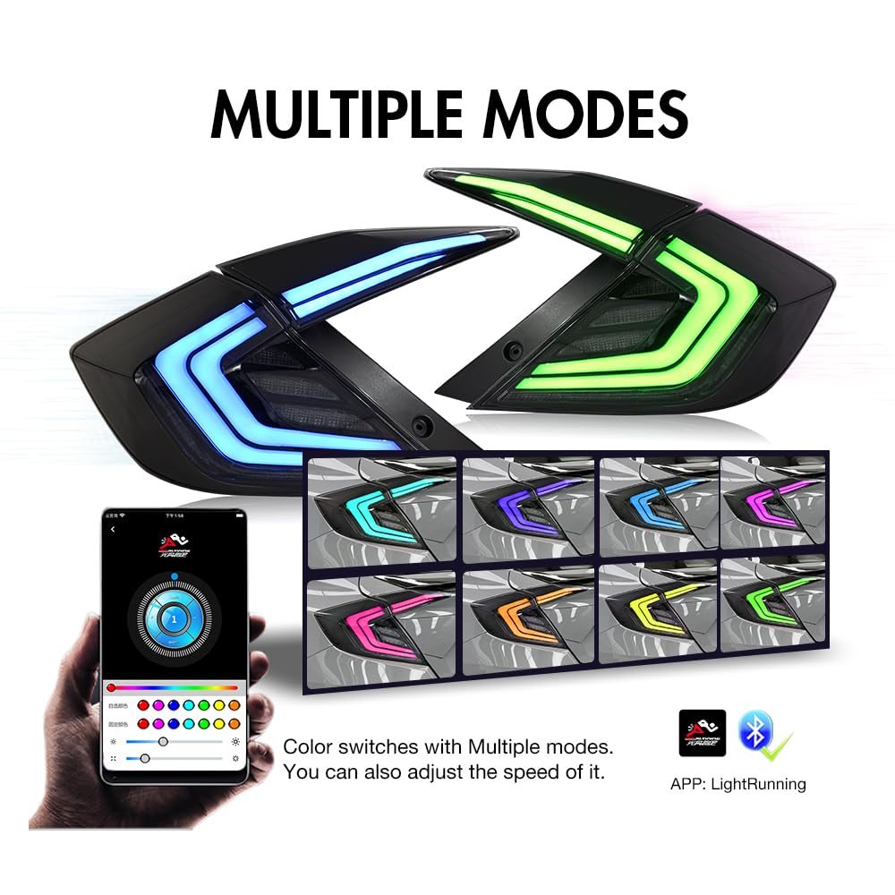 T T-ABC New RGB Taillight Compatible with Honda Civic 2016-2021 Tail Light Sedan Touring Sport EX EX-L LX Rear Lights Multicolored N1 Style LED Sequential Animation 10th Gen Custom Back Accessories