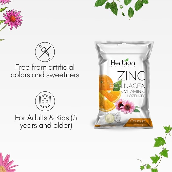 HERBION Naturals Zinc, Echinacea & Vitamin C Lozenges 25 CT - Dietary Supplement for Adults & Children 5+ - Promotes Wellness for The Whole Family (25 Count (Pack of 1), Orange)