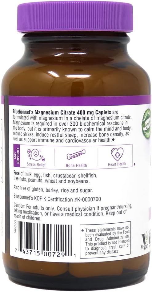 Bluebonnet Nutrition Magnesium Citrate (400mg of Magnesium)- Maximum Absorption - Supports Immune Health & Energy Production - Soyfree, Gluten-Free, Non-GMO, Kosher, Dairy Free, Vegan, 60 Caplets