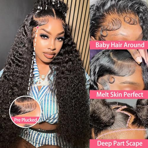 30 Inch Deep Wave Lace Front Wigs Human Hair 13x6 HD Transparent Lace Front Wigs Pre Plucked Deep Curly Human Hair Wigs for Women Deep Wave Frontal Wig with Baby Hair Natural Color