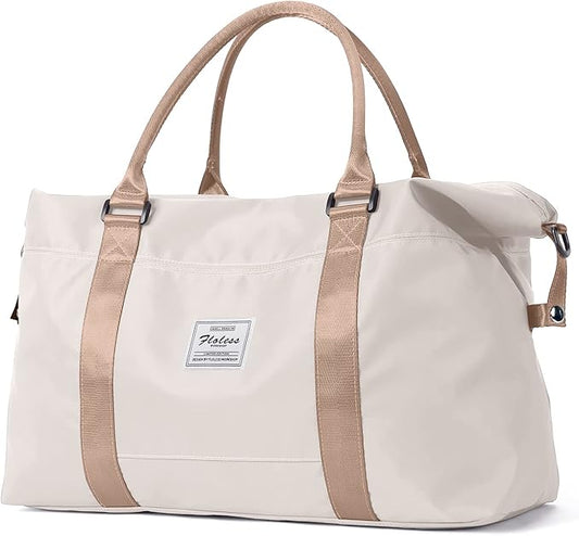 Gym Bag Womens Mens with Wet Pocket, Travel Duffel Bag for Plane, Sport Gym Tote Bags Swimming Yoga, Waterproof Weekend Overnight Carry on Bag Hospital Holdalls，Off White