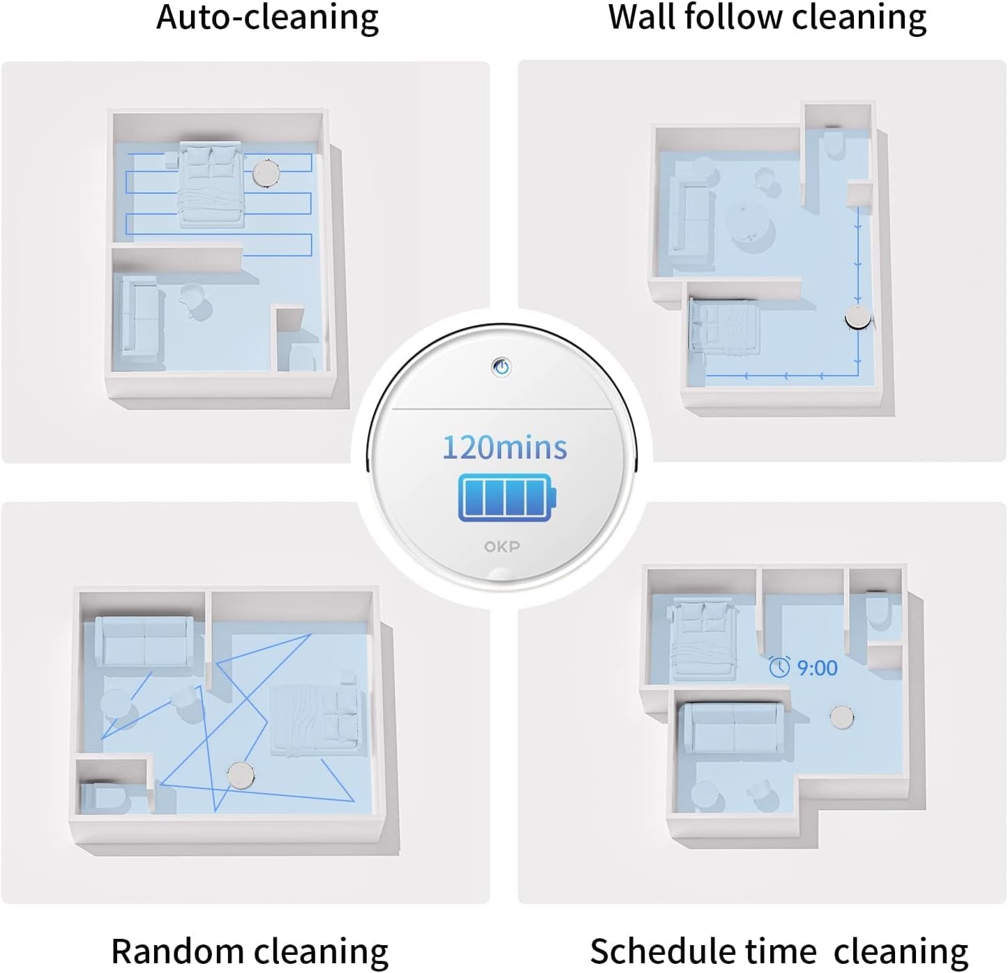 OKP Life Robot Vacuum K5 with 120 Min Runtime, Vacuum Robot Cleaner Compatible with Alexa/APP/Wi-Fi, Self-Charging Super Mini Quiet Robotic Vacuum for Carpets and Hard Floors for Pet Owners and Woman