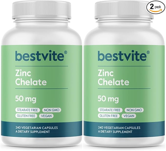 BESTVITE Zinc Chelate 50mg (480 Vegetarian Capsules) (240 x 2) - No Stearates - Vegan - Non GMO - Gluten Free