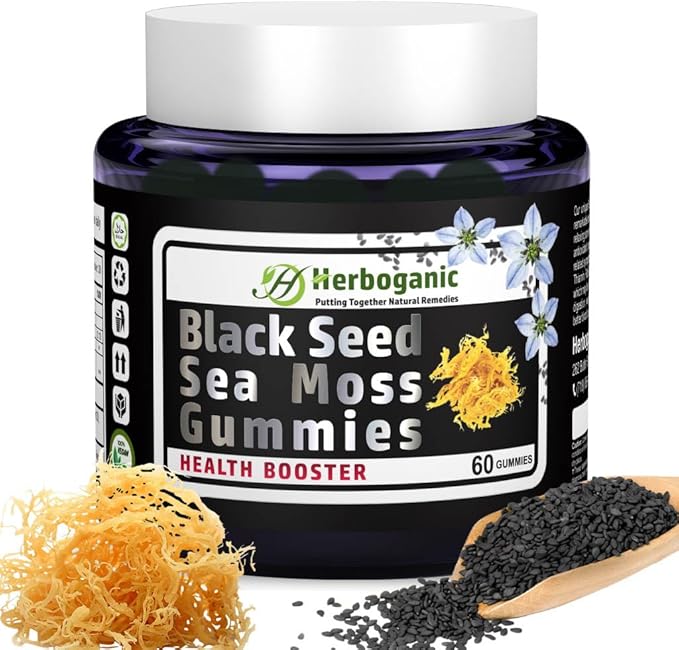 Black Seed Sea Moss Gummies - Natural Dietary and Herbal Supplement for Skin and Energy Support with Sea Moss, Boost Immune System - 60 Gummies
