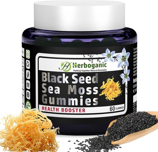 Black Seed Sea Moss Gummies - Natural Dietary and Herbal Supplement for Skin and Energy Support with Sea Moss, Boost Immune System - 60 Gummies
