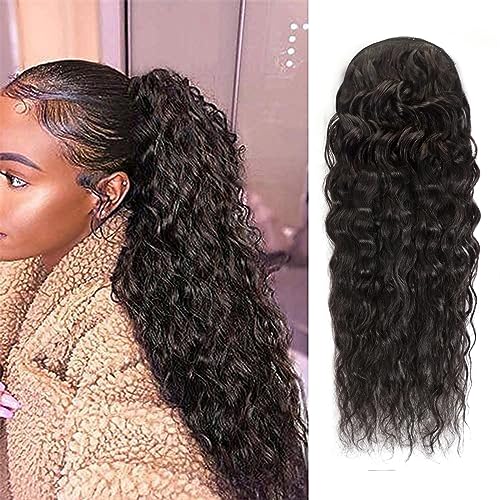100% Human Hair Drawstring Ponytail Extension Water Wave in Natural Color 1B Corn Wave Ponytail Clip in Extensions for Black Women (14 Inch)