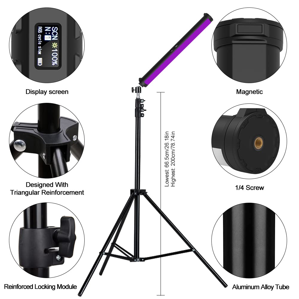 RGB Photography Light Wand Stick, 360° Full Color Portable LED Lighting Wand Handheld 5000mAh Rechargeable Battery & Magnet with 27"-80" Tripod Stand-2 Pack