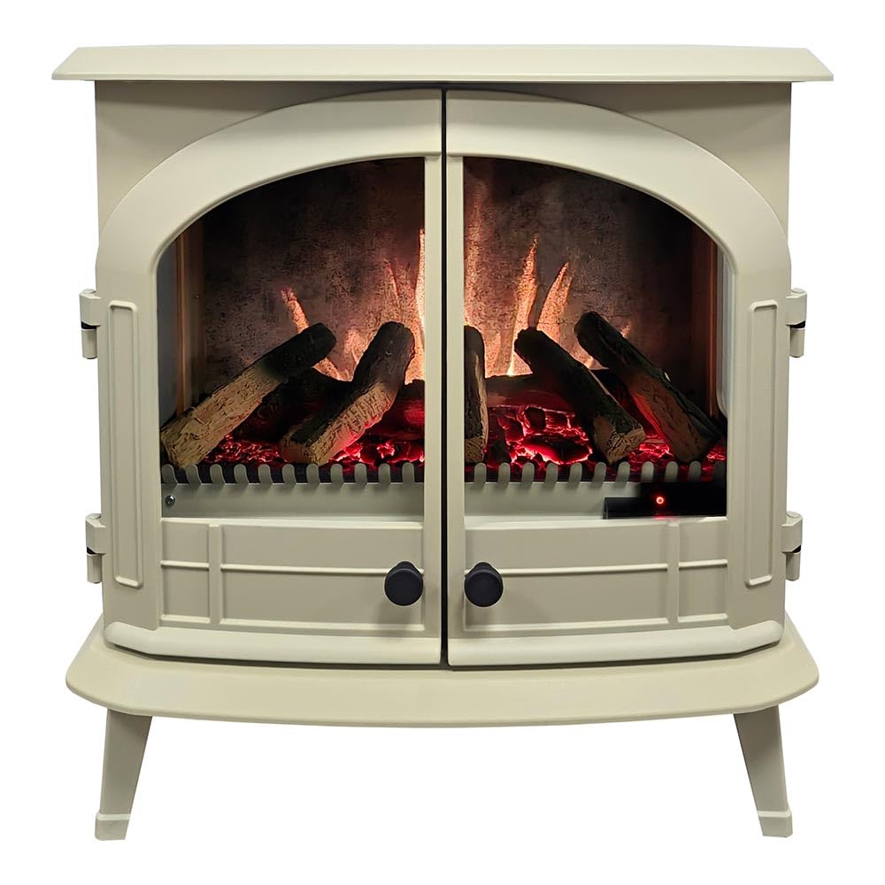 Modern Ember Harlowe Freestanding Electric Fireplace Stove Heater in Cream with Multi-Color Ember Bed | Smart Technology | Alexa/WiFi Enabled | 1500W | Indoor Portable Heater | Safety Shutoff