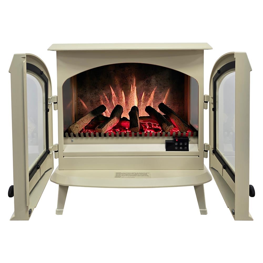 Modern Ember Harlowe Freestanding Electric Fireplace Stove Heater in Cream with Multi-Color Ember Bed | Smart Technology | Alexa/WiFi Enabled | 1500W | Indoor Portable Heater | Safety Shutoff