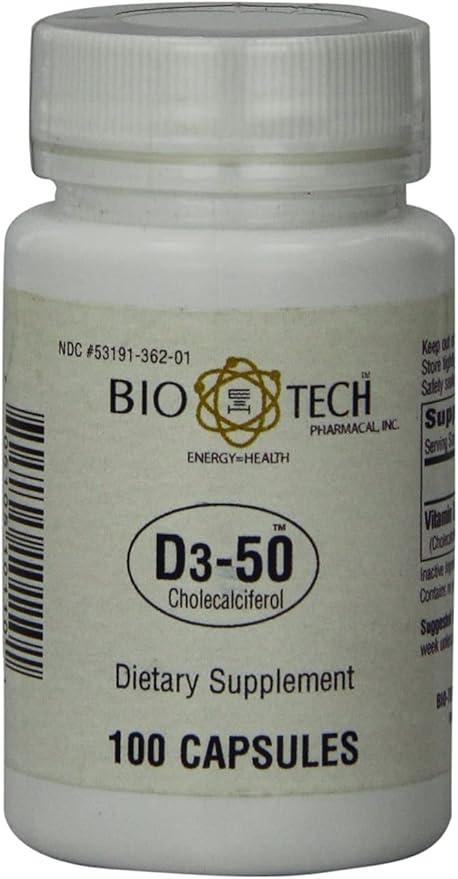 Bio-Tech Pharmacal D3-50 50,000 IU, 100 Capsules Ð All-Natural Supplement Ð Supports Bone, Heart Neuromuscular, & Immune Health Ð No Dairy, Fish, Gluten, Peanut, Shellfish, & Soy