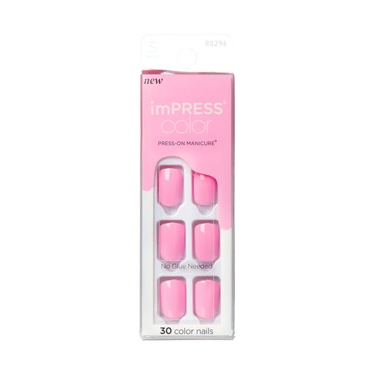 KISS imPRESS No Glue Mani Press On Nails, Color, 'Self Care', Pink, Short Size, Squoval Shape, Includes 30 Nails, Prep Pad, Instructions Sheet, 1 Manicure Stick, 1 Mini File