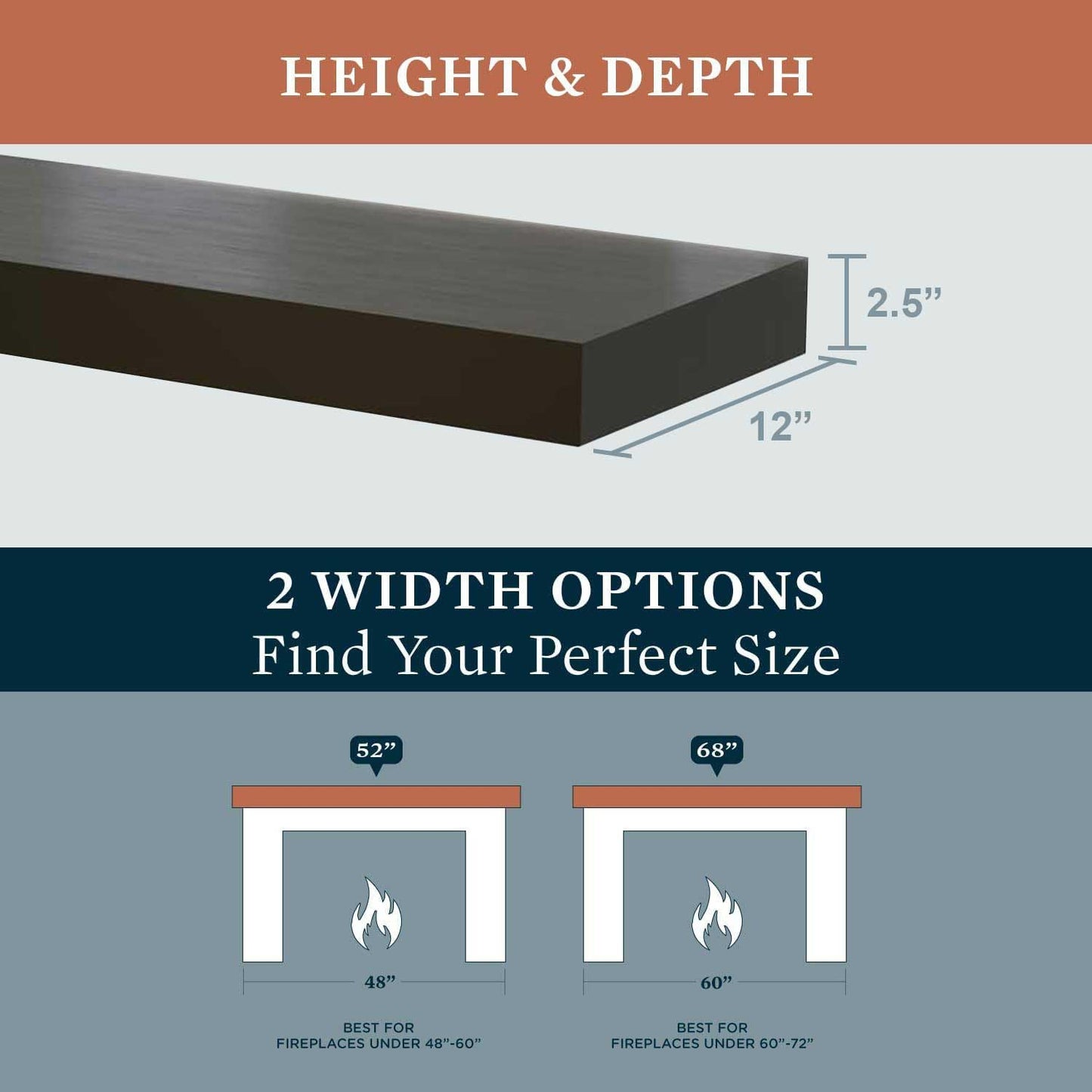 MANTELSDIRECT Titus 52 Inch Metal Stainless Steel Non-Combustible Fireplace Mantel Shelf - Shadow Iron Beautiful Modern Shelf Perfect for Electric Fireplaces and More!