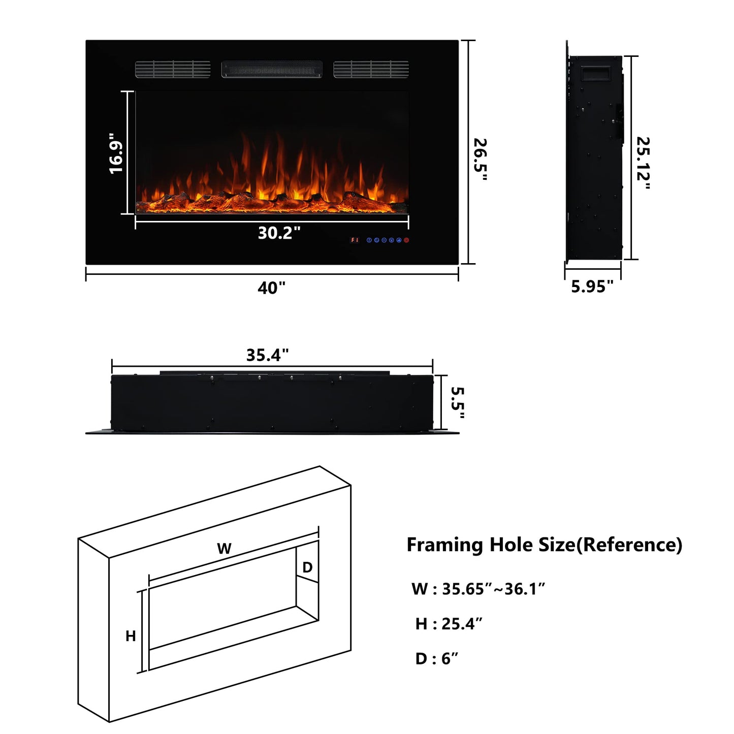 Dreamflame Electric Fireplace 40 inch Wide 26.5" High, Wall-Mounted & Recessed Fireplace Inserts, Multicolor Flame w/5 Dimmer, Remote Control Thermostat, Timer, Hardwire Connect, 1500W,Black