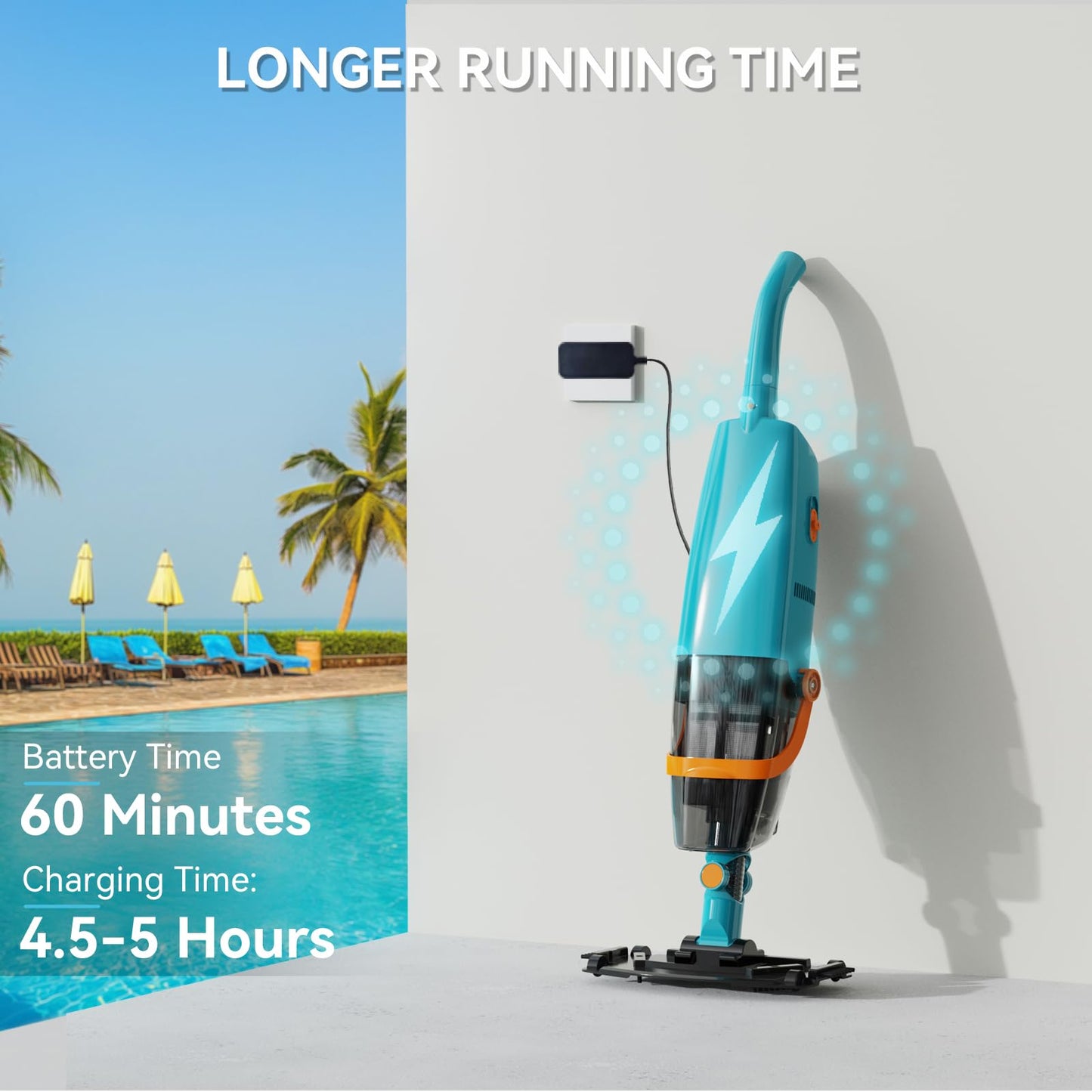 LVKE L2 Cordless Handheld Pool Vacuum for Above Ground Pool with Telescopic Pole, Strong Suction Power, 1H Runtime, High-Efficiency Screen & Fine Sponge, Ideal for Deep Pool Cleaning, Blue