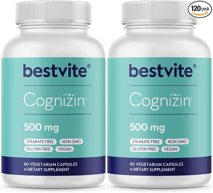 BESTVITE Cognizin 500mg (120 Vegetarian Capsules) (60x2) - Clinically Studied Premium Choline Nootropic - No Stearates - Vegan - Non GMO - Gluten Free - Brain Supplements for Memory and Focus