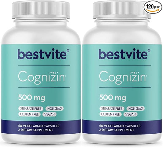 BESTVITE Cognizin 500mg (120 Vegetarian Capsules) (60x2) - Clinically Studied Premium Choline Nootropic - No Stearates - Vegan - Non GMO - Gluten Free - Brain Supplements for Memory and Focus