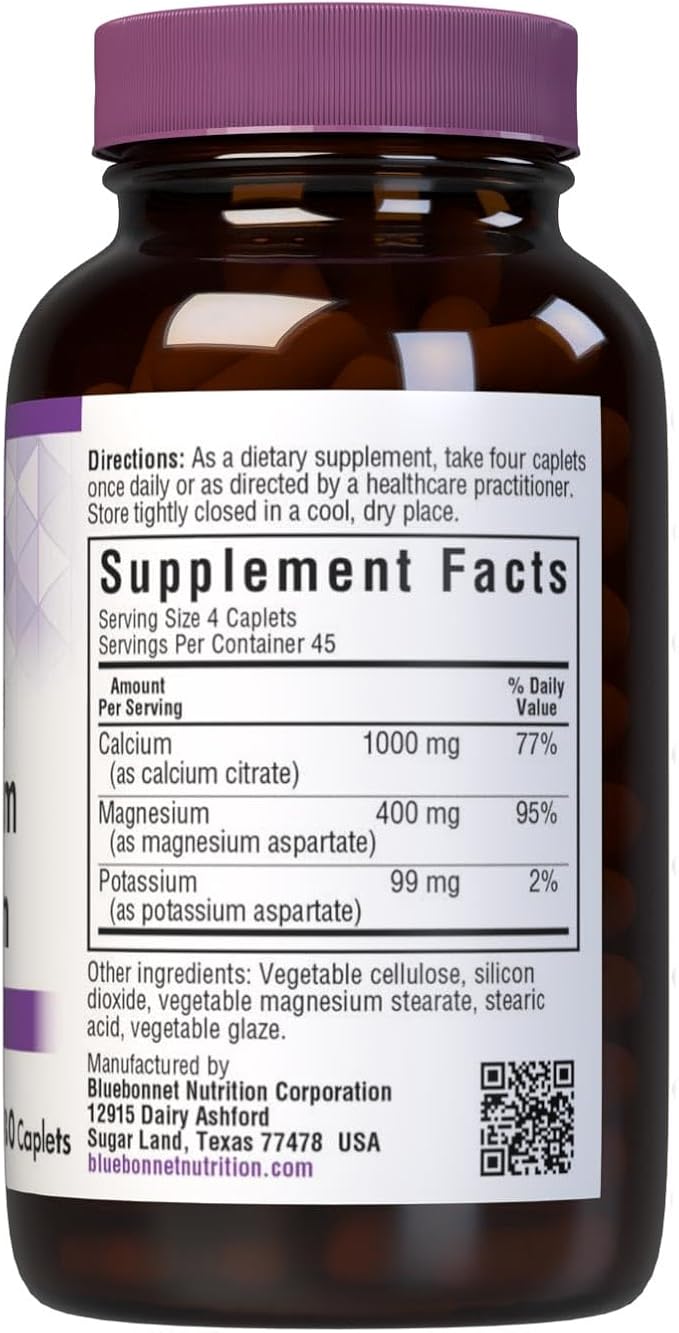 Bluebonnet Calcium Magnesium Potassium Supplement for Women & Men - Supports Healthy Bones - Calcium 1000mg Mineral Supplement Chelate Form - Non-GMO, Vegan, Gluten-Free - 180 Caplets