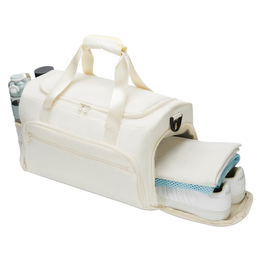 Gym Bag for Women, Small Fitness Workout Sports Bag with Wet Pocket & Shoes Compartment, Water Resistant Overnight Weekender Duffle Bag in Beige