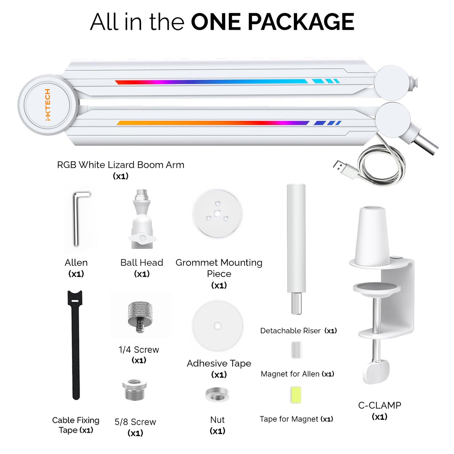 IXTECH RGB Mic Boom Arm High Profile, Overhead Boom Arm Microphone Stand Desk Mount, Adjustable Microphone Stand with Desk Mount, Mic Arm for Live Streaming Gaming Podcasting Recording (White)