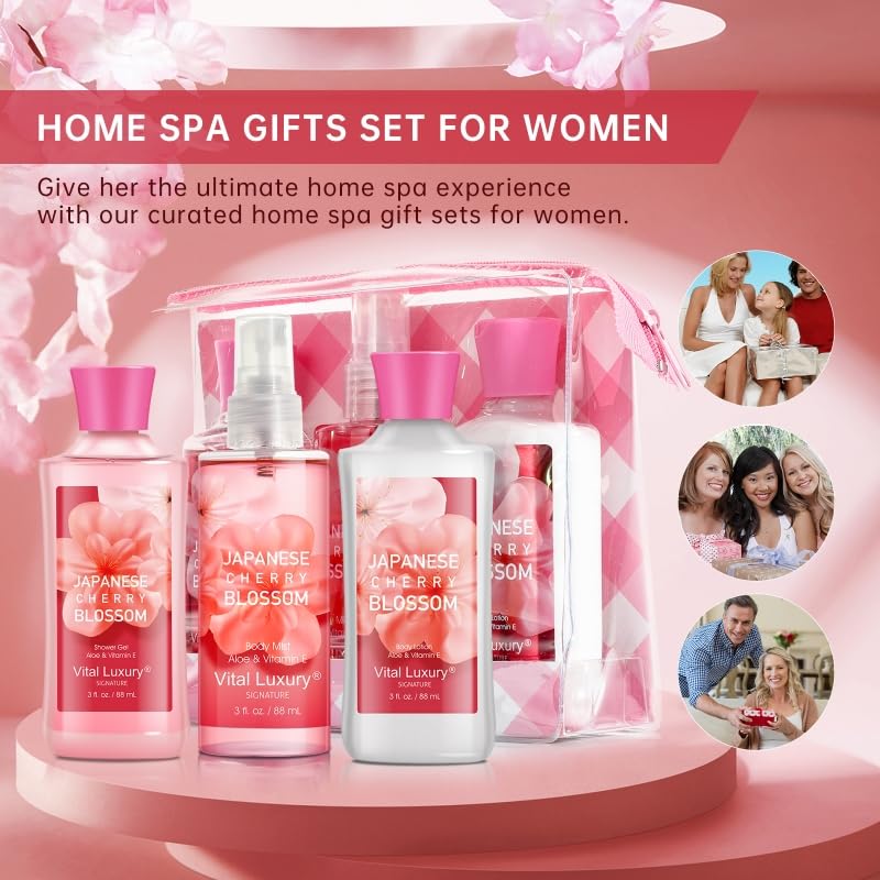 Japanese Cherry Blossom Bath and Body Gift Set, Gel, Lotion, Mist, Travel Size Spa Set,With Natural Extracts-Body Care kit for Birthday Mother's Day Chirstmas Gifts