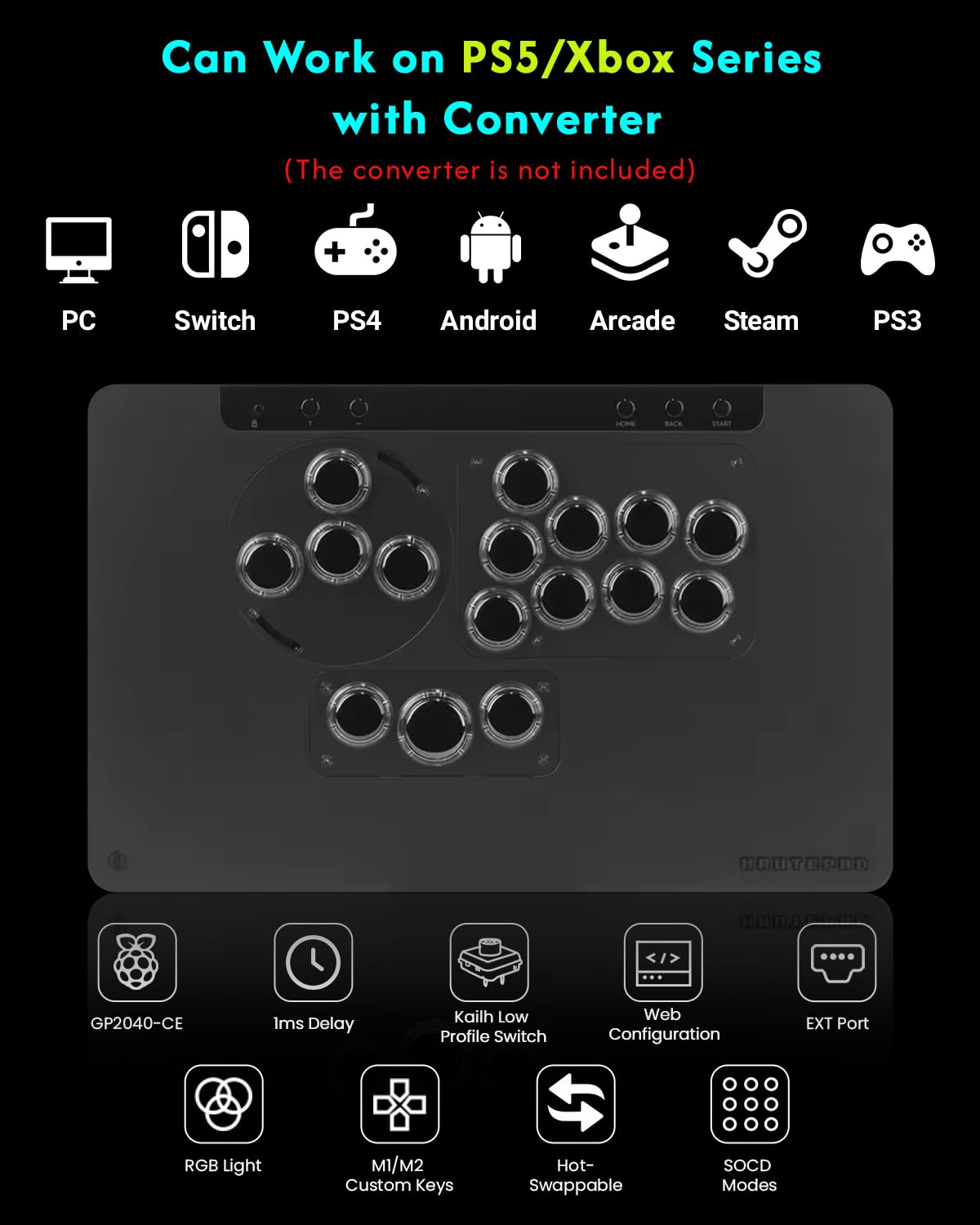 Sehawei Haute42 X1 Leverless Arcade Controller- Low Profile Design with Kailh Wind Engine Switches,3 Removable Modules,Ambient RGB Backlight & Tournament Lock Switch - Compatible with PC,PS4,PS3,Switch