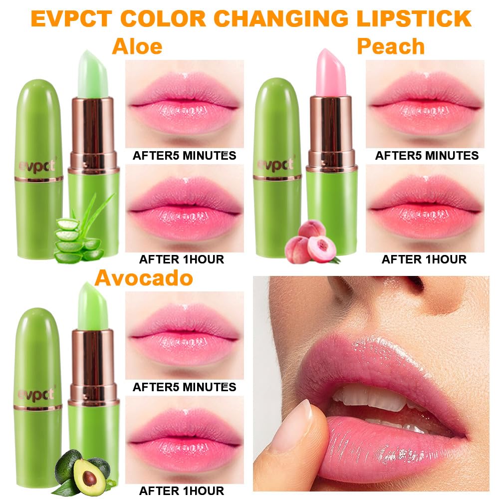 EVPCT 3Pcs Aloe Vera Peach Avocado Tinted Lip Balms - Tint Stain Lipstick for Women Girls - PH Color Changing Lipstick Balm Stain Gift Set - Queen Korean Mood - Long Lasting Color Change - Light Pink