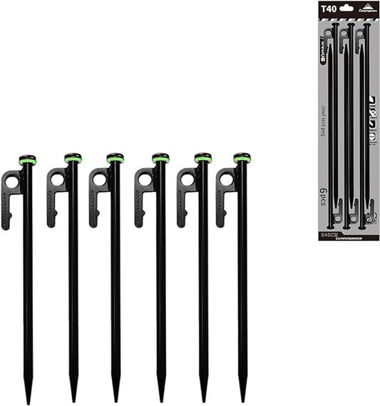 CAMPINGMOON 15.7-inch 6pcs Carbon Steel S45C Black Skin Cation Electrodeposition Coating Tent Stake for Hard Ground T-40-6P