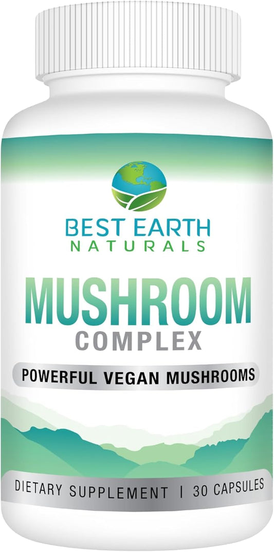 Best Earth Naturals Vegan Mushroom Complex Supplement for Energy, Clarity & Cognitive - Immune Support w/Lion's Mane, Reishi, Chaga, Maitake & Shiitake 30 Day Supply (30 Capsules)