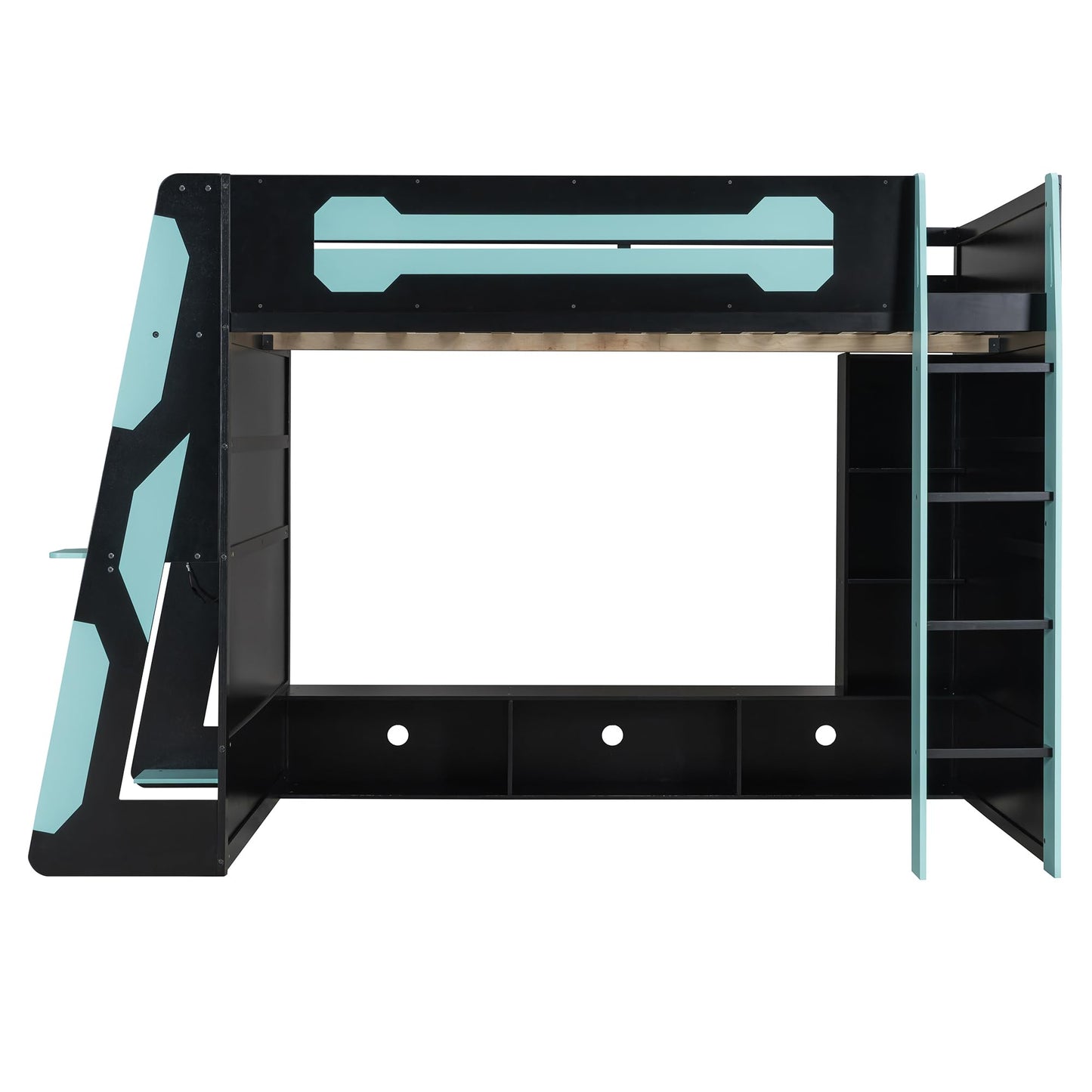 Gaming Bed with RGB Lighting, Desk, Multi-Storage Shelves and LED, Esports Design for PC & Console Gamers, Full Size Wood Loft Bed for Kids Bedroom (Cloud Blue/G)