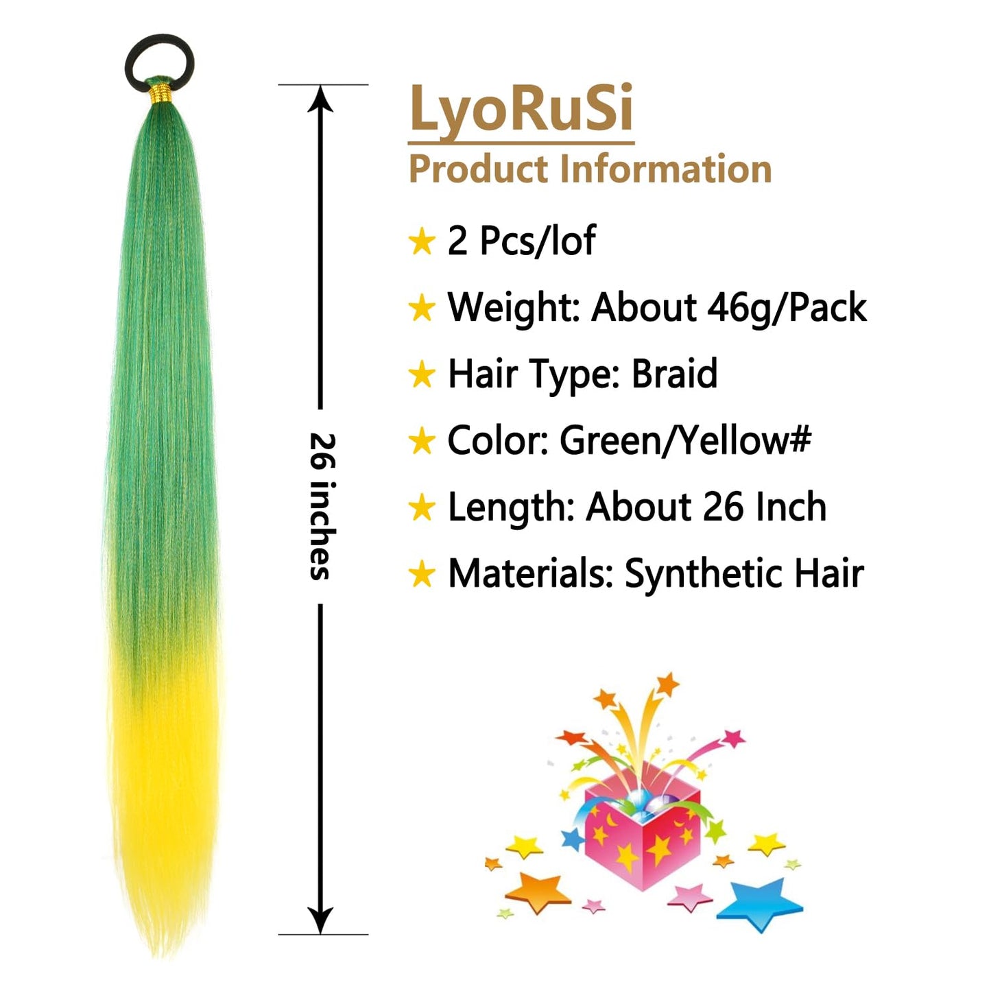 Braided Ponytail Extension With Hair Tie, Straight Wrap with Braid Ponytail Extension Green Yellow Gradient Synthetic Hair Pieces 26 Inch (Green/Yellow#)