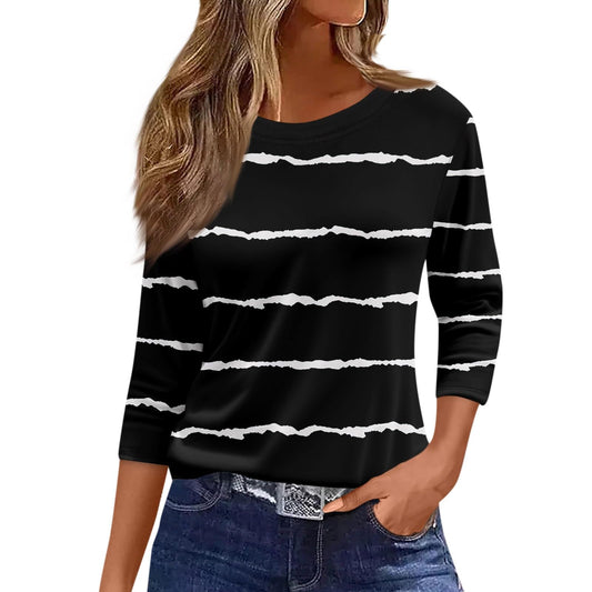 Black Tshirts Shirts for Women Crewneck 3/4 Sleeve Business Casual Tops for Women Striped Print Tees Summer Blouses Women'S Tops Dressy Casual Spring M