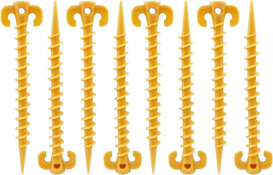 8 Pcs Plastic Tent Stakes, 8 Inch Heavy Duty Screw Stakes for Camping, Backpacking, Gardening, Yellow