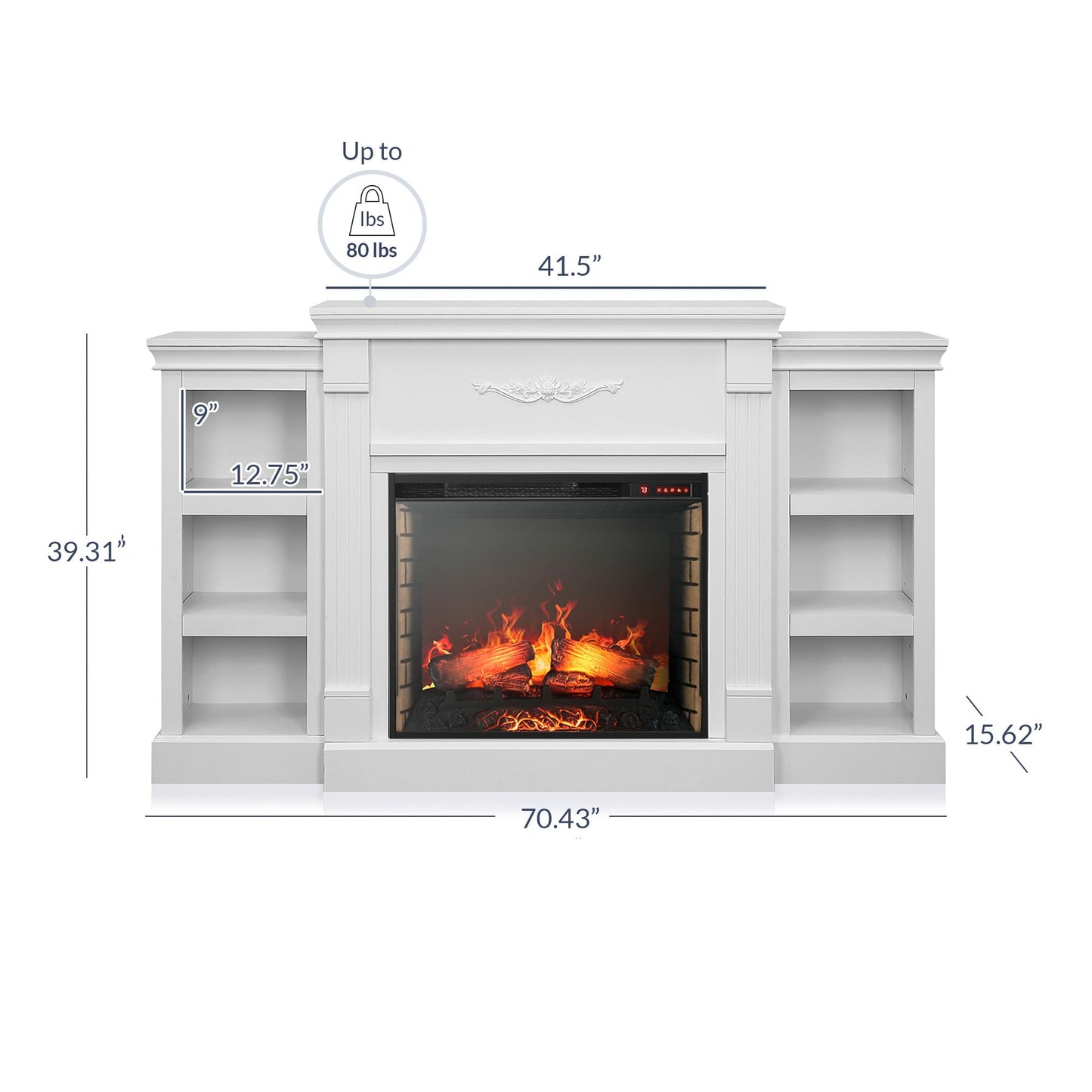 BELLEZE Modern 70" Electric Fireplace Heater Mantel TV Stand & Media Entertainment Center for TVs up to 68" with Energy-Efficient Heater with Sound and Side Book Shelves - Lenore (White)