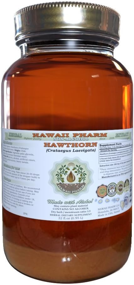 Hawthorn Alcohol-Free Liquid Extract, Hawthorn (Crataegus Laevigata) Dried Leaf and Flower Glycerite Hawaii Pharm Natural Herbal Supplement 32 oz Unfiltered