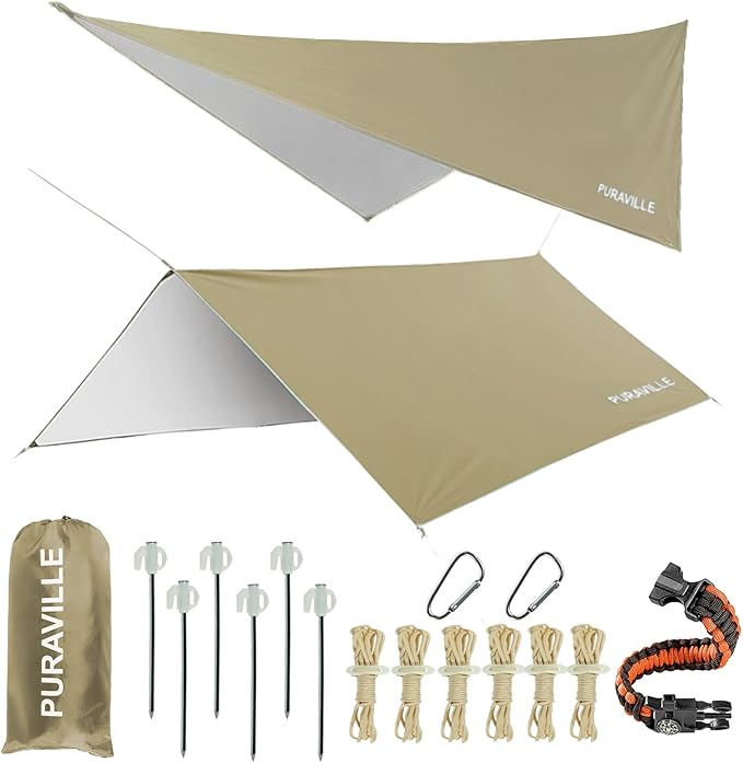 Puraville Camping Tarp Waterproof, Hammock Rain Fly Tent Tarp - 12 10 ft Rectangle Lightweight Camping Tarps, Portable Rain Fly for Camping Backpacking (Khaki)