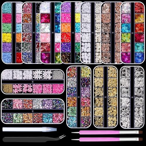 12 Boxes Nail Art Kit, Colorful Crystal Rhinestones Nail Jewels Flatback Pearls Acrylic Flower Nail Charms Caviar Beads 3D Metal Gold Studs Rivet Holographic Iridescent Sequins with Pickup Tools