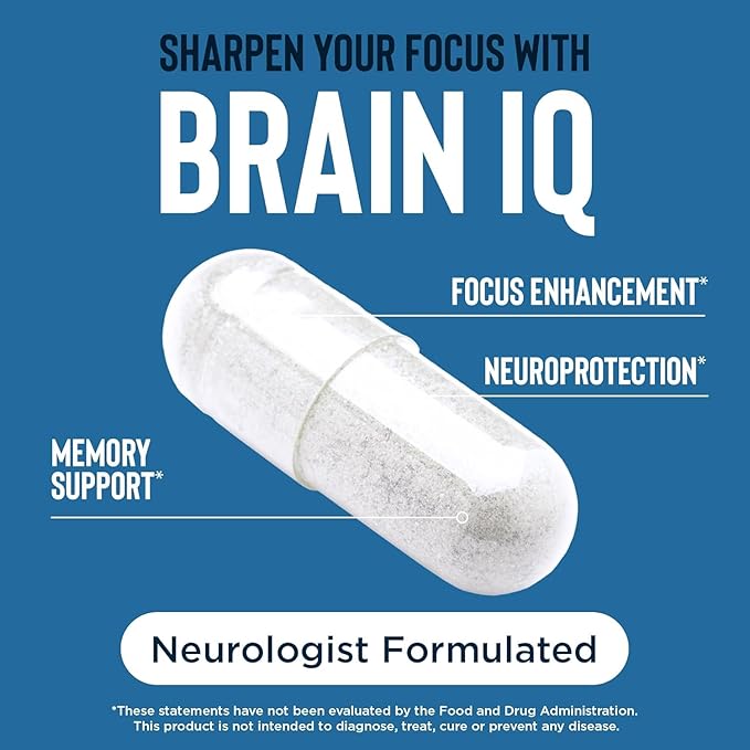 BrainIQ Nootropic Brain Supplements for Memory and Focus | Memory Supplement for Brain Health | Cognitive Supplement & Memory Pill with Lion's Mane, L-threonine & Coffee Extract - 60 Count (Pack of 1)