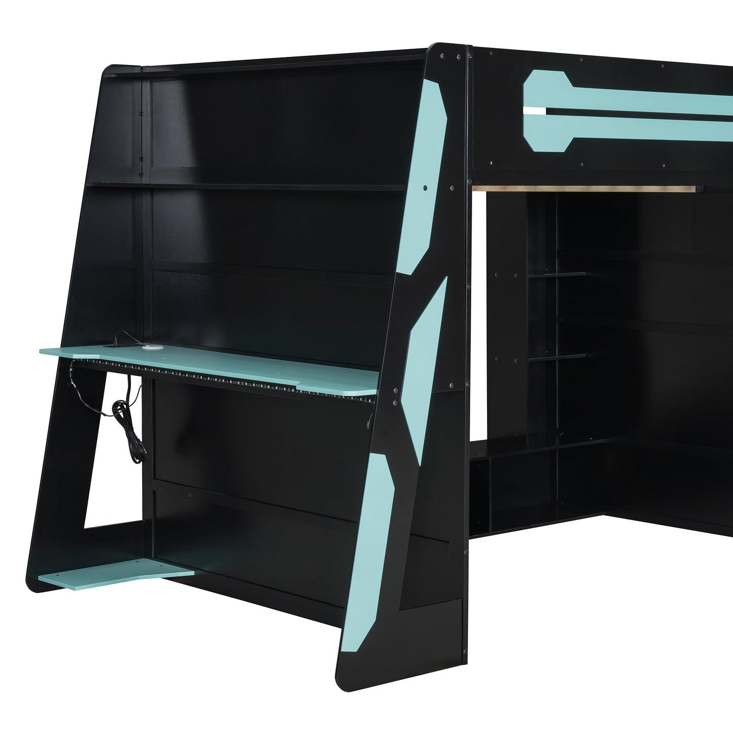 Gaming Bed with RGB Lighting, Desk, Multi-Storage Shelves and LED, Esports Design for PC & Console Gamers, Full Size Wood Loft Bed for Kids Bedroom (Cloud Blue/G)