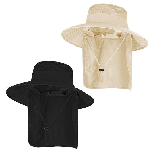 2Pack Sun Hats for Men Women Fishing Hat UPF 50+ Breathable Wide Brim Bucket Hats Summer UV Protection Safari Hat with Neck Flap Black/Beige