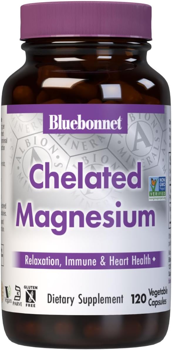Bluebonnet Nutrition Albion Chelated Magnesium Vegetable Capsule, 200 mg, Stress Relief, Vegan, Non GMO, Gluten Free, Soy Free, Milk Free, Kosher, 120 Vegetable Capsule, 2 Month Supply