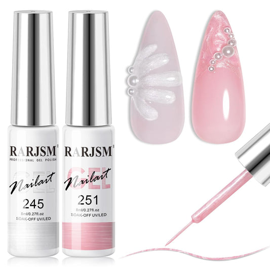 RARJSM Pearl Nail Art Gel Liner 2 Pcs Set Pearlescent Milky Silver White and Pink Shell Glitter Swirl Effect Gel Nail Polish 8ml Build in Thin Brush Painted Drawing Striper Gel Polish Curing Requires