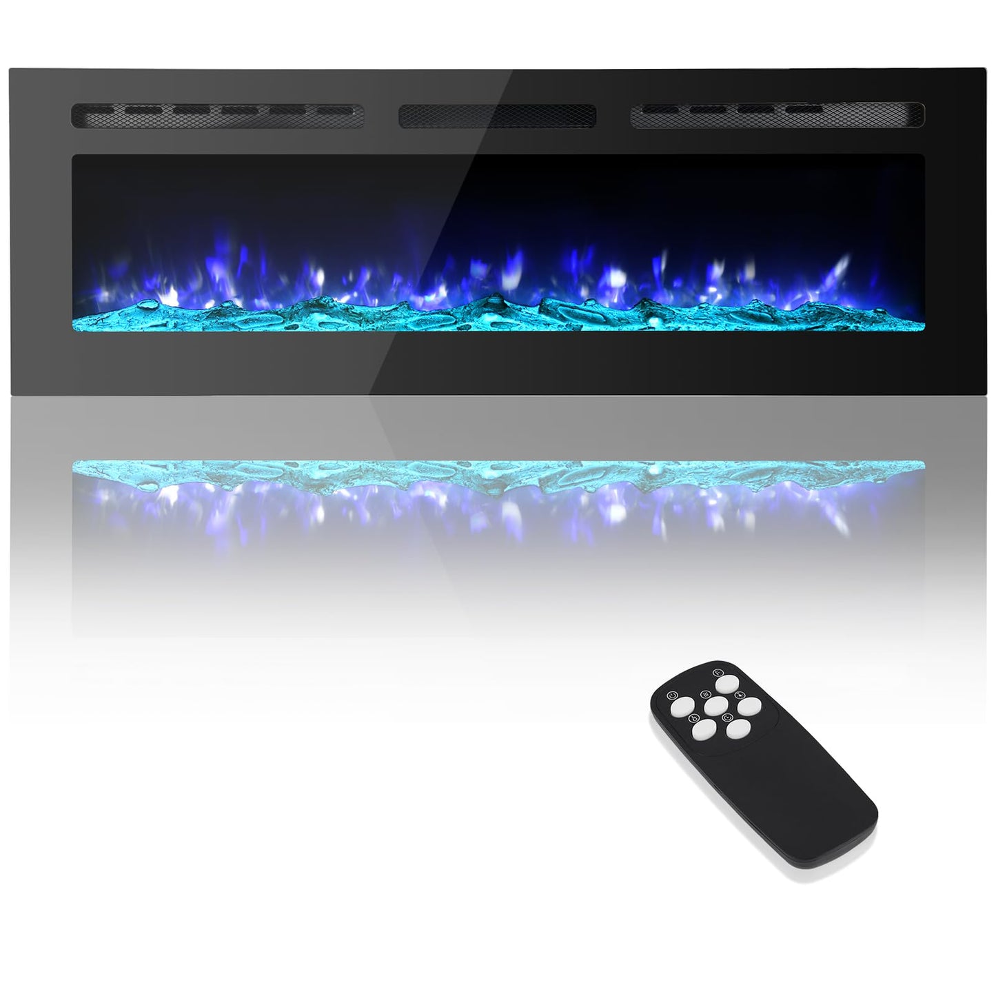 Takywep Electric Fireplace, 60 Inches, 5120 BTU Heat Output, 12 Flame Color, Black, Wall-Mounted or Recessed, Timer, Quiet Operation, Multicolor Flame, Faux Logs, Crystal Stones