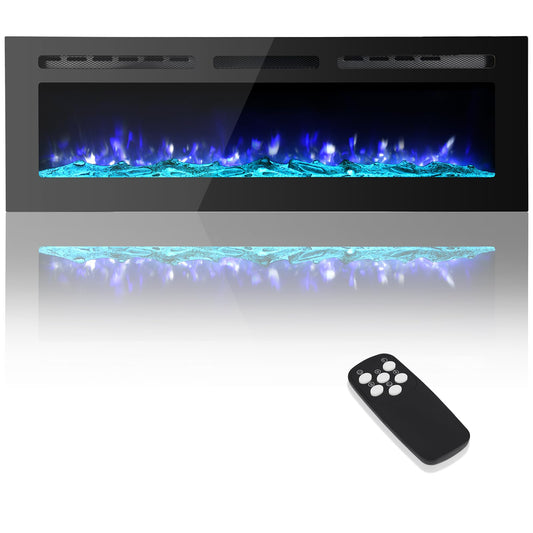 Takywep Electric Fireplace, 60 Inches, 5120 BTU Heat Output, 12 Flame Color, Black, Wall-Mounted or Recessed, Timer, Quiet Operation, Multicolor Flame, Faux Logs, Crystal Stones