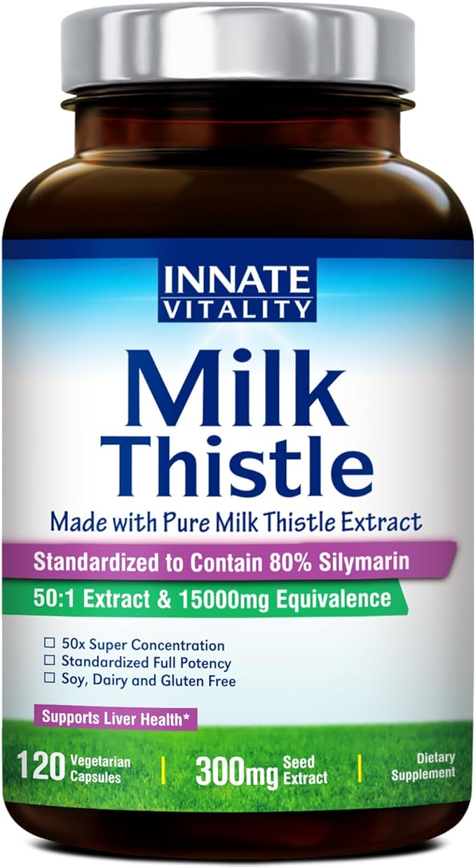 Innate Vitality 50:1 Organic Milk Thistle Supplement, 15000mg Equivalent (300mg Extract), 80% Silymarin Flavonoids, Liver Health, Detox & Cleansing, Made in USA, Non-GMO, 120 Veggie Capsules