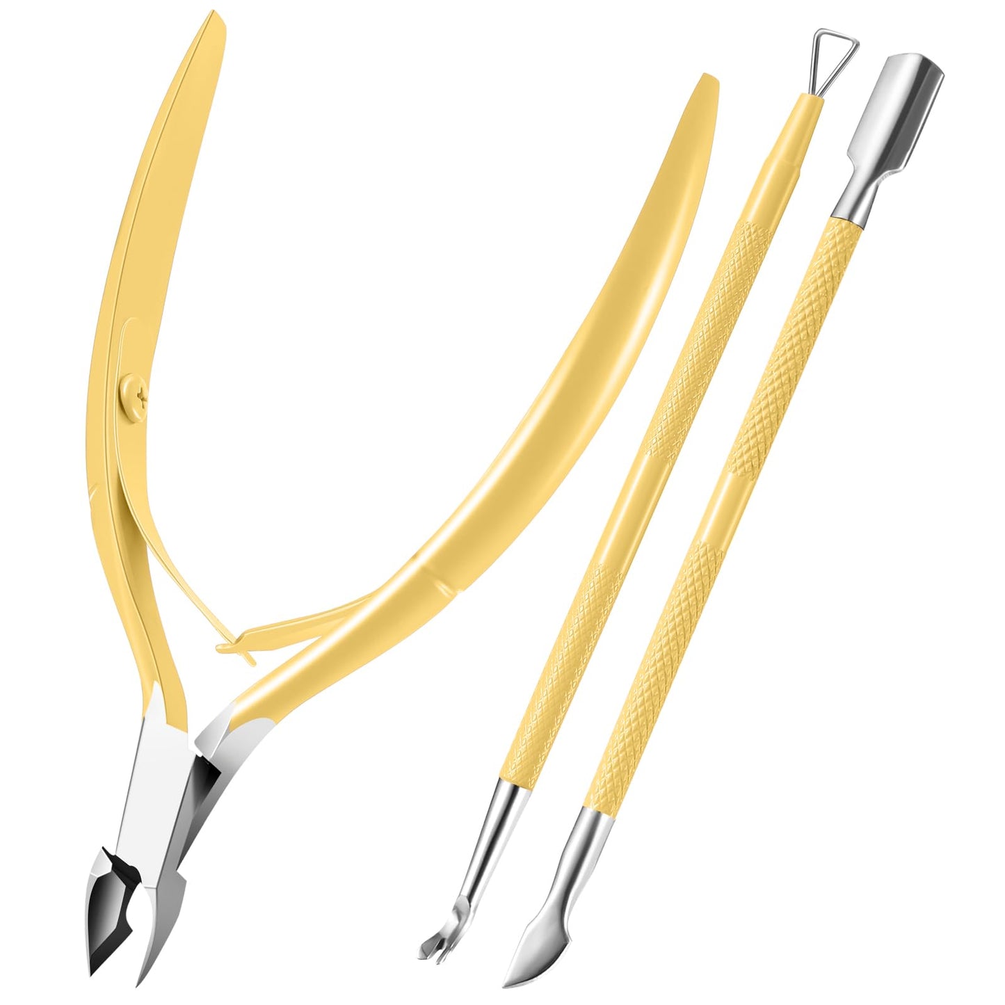 Cuticle Trimmer with Cuticle Pusher, XUNXMAS Cuticle Remover Cutter Nipper Scissor and Triangle Cuticle Nail Pusher Peeler Scraper, Durable Dead Skin Clipper Manicure Pedicure Tools (Yellow)