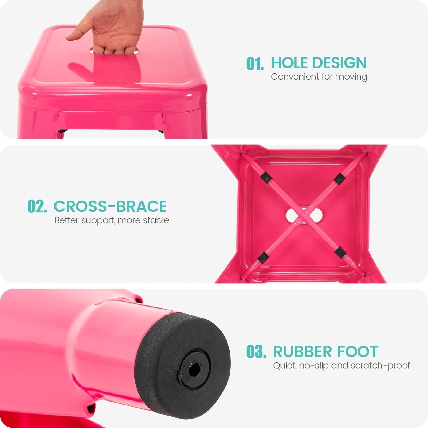 18 Inch Bar Stools Set of 2, Stackable Backless Industrial Metal Barstools for Indoor Outdoor Kitchen Dining Patio Garden Classroom (Hot Pink)