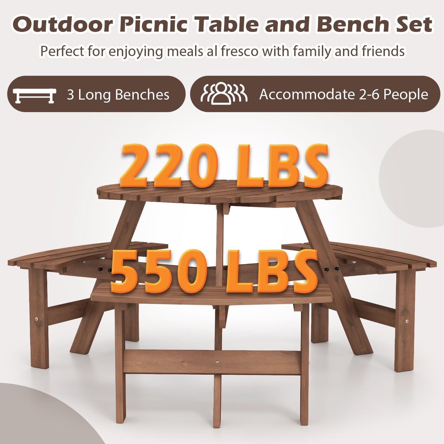 Gymax 6-Person Round Picnic Table Set w/ 3 Built-in Benches 2'' Umbrella Hole Brown