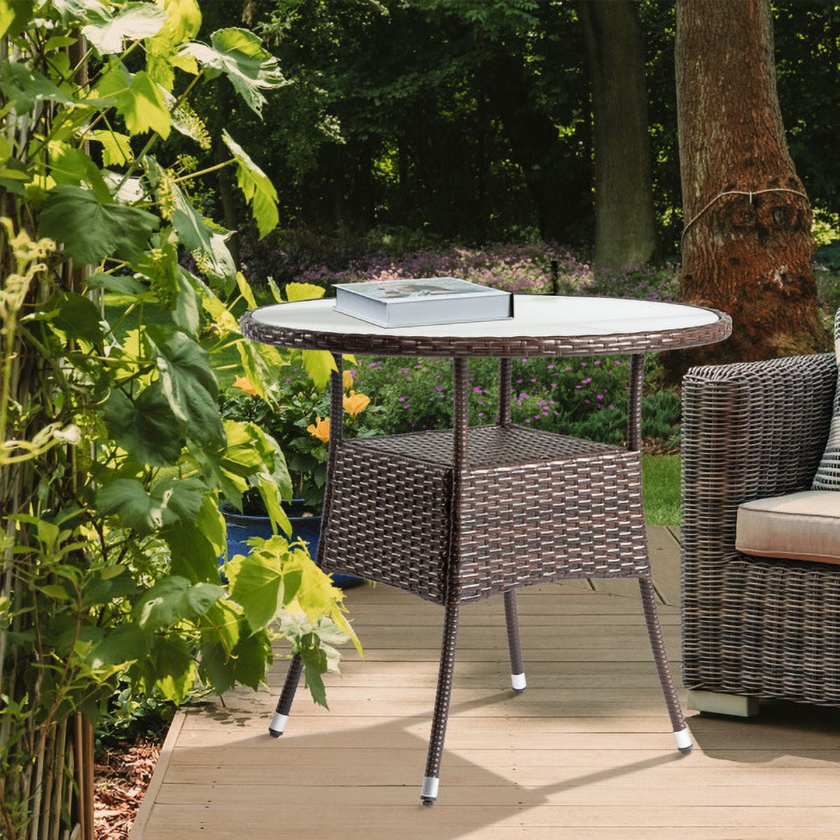 31.5" Patio Table for 4-Person, Outdoor Patio Wicker Round Dining Table, All-Weather Rattan Bistro Dining Table w/Glass Tabletop for Backyard Deck Porch Poolside, Brown